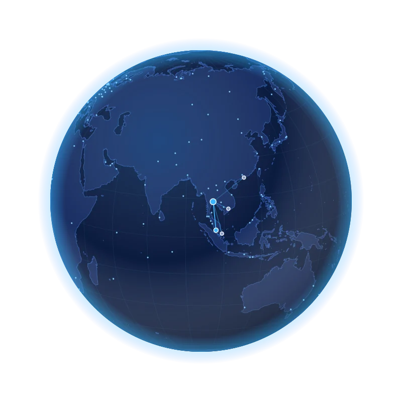Colour globe centred on South-East Asia with flight routes from Bangkok